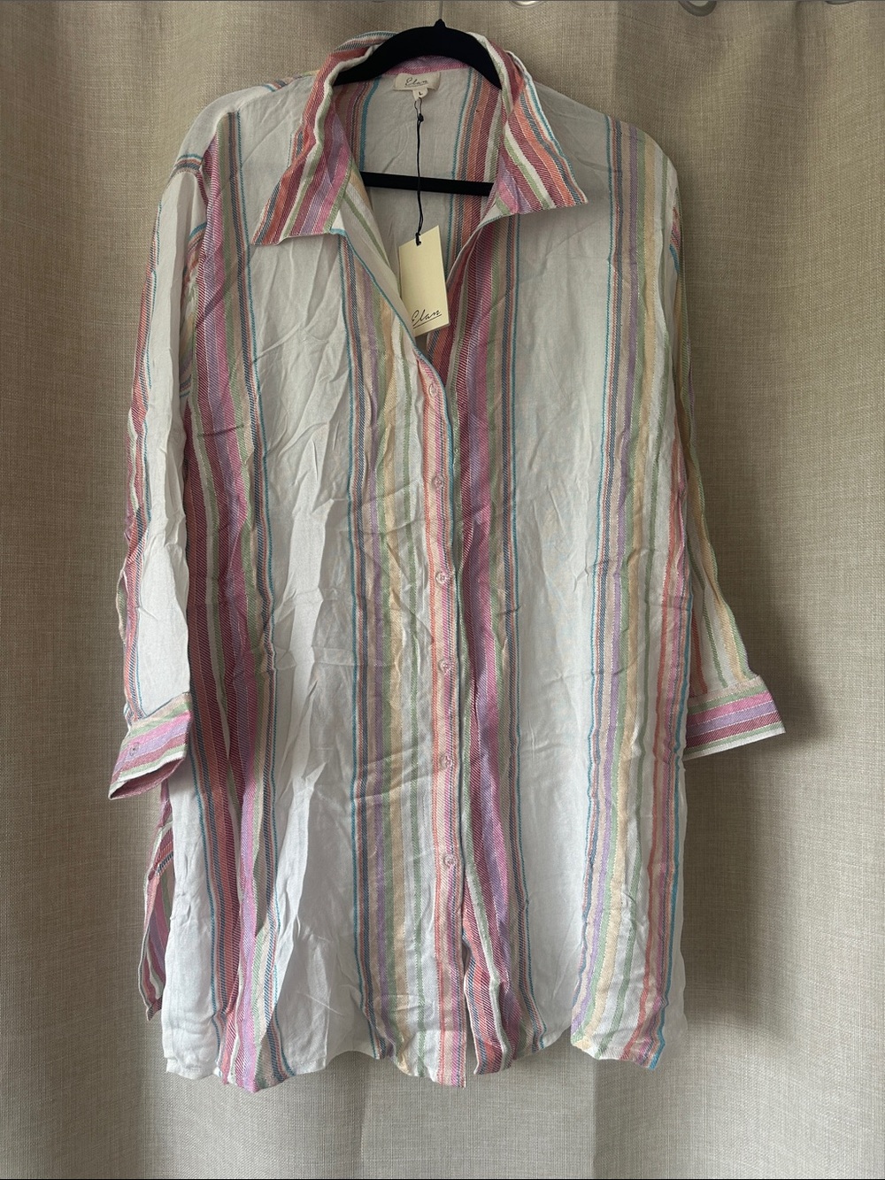 Elan Lightweight Striped Button-Up Swim Cover in Pastel Multicolor Size  L NWT
